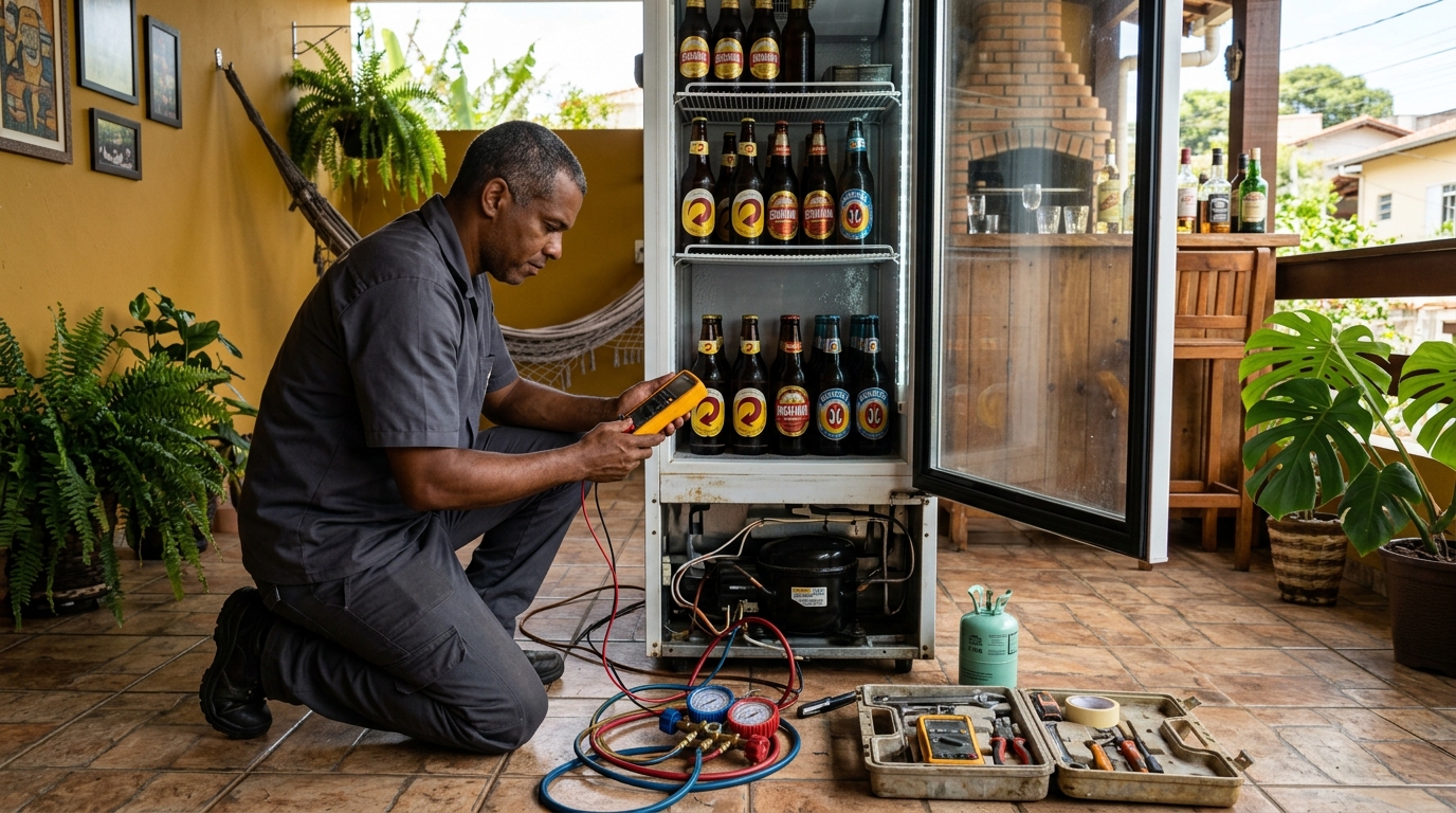 Placa eletrônica de cervejeira em reparo na bancada em Volta Redonda‑RJ
