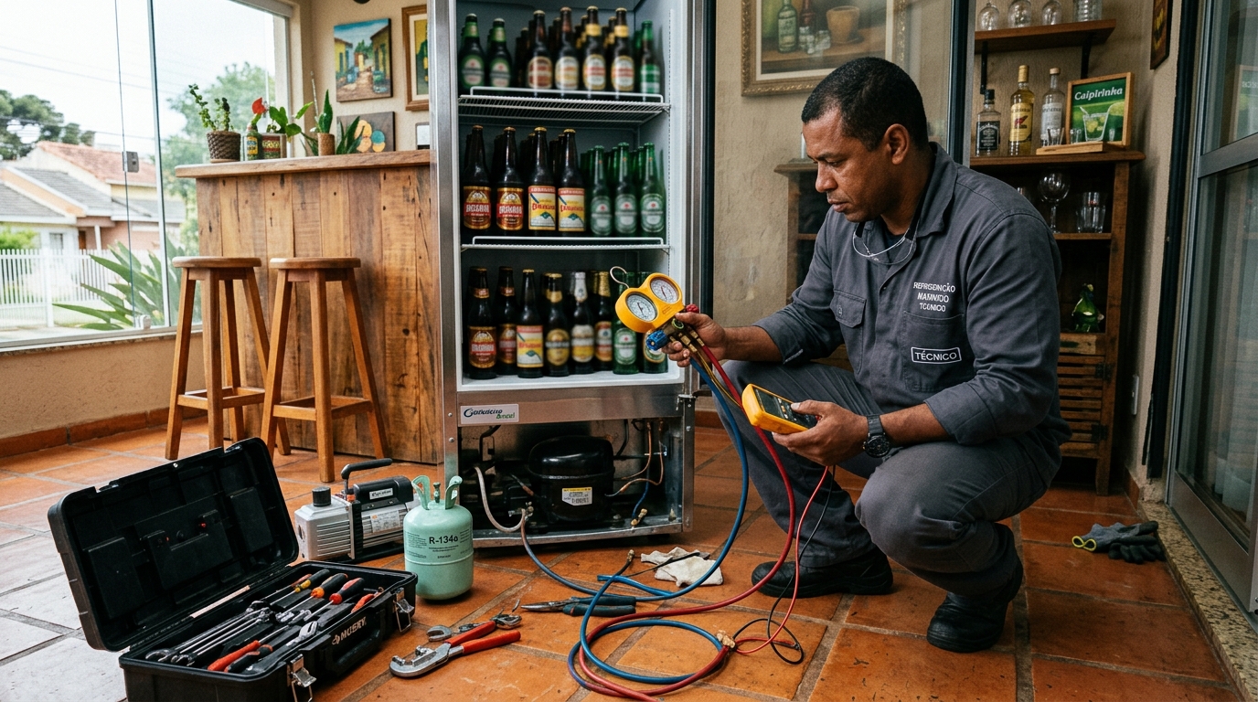 Técnico conferindo a temperatura de uma cervejeira durante atendimento em Volta Redonda‑RJ